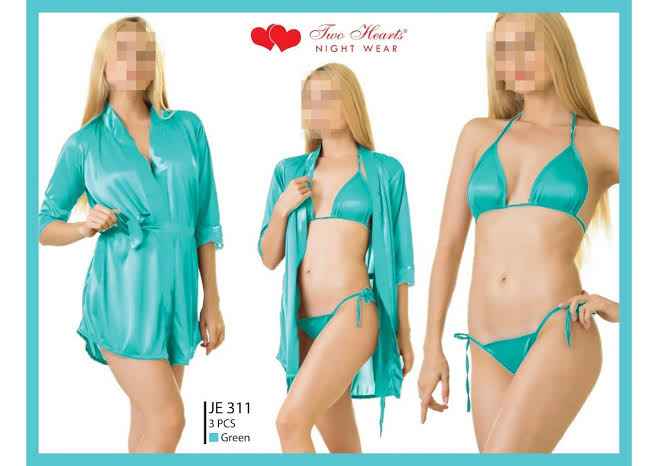 Two Hearts 3Pcs Imported Bridal Silk Nightwear & Lingerie with Short Gown for Women & Girls