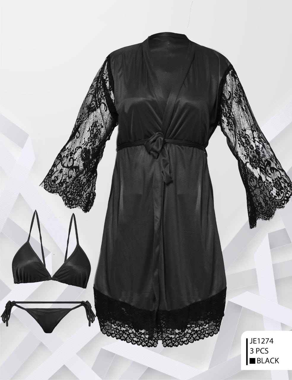 Two Hearts Imported 3-Pcs Satin & Lace Nightwear Set