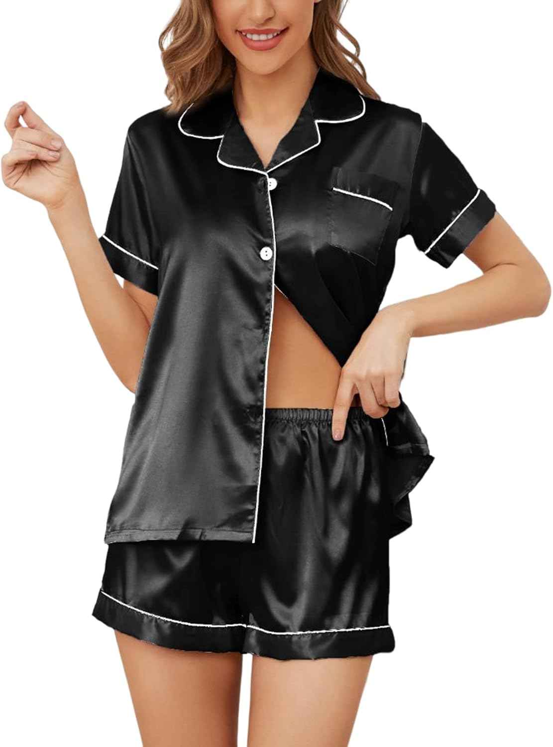 Women's Button Down Short Sleeve Pj Silk Tops and Shorts 2-Piece Loungewear