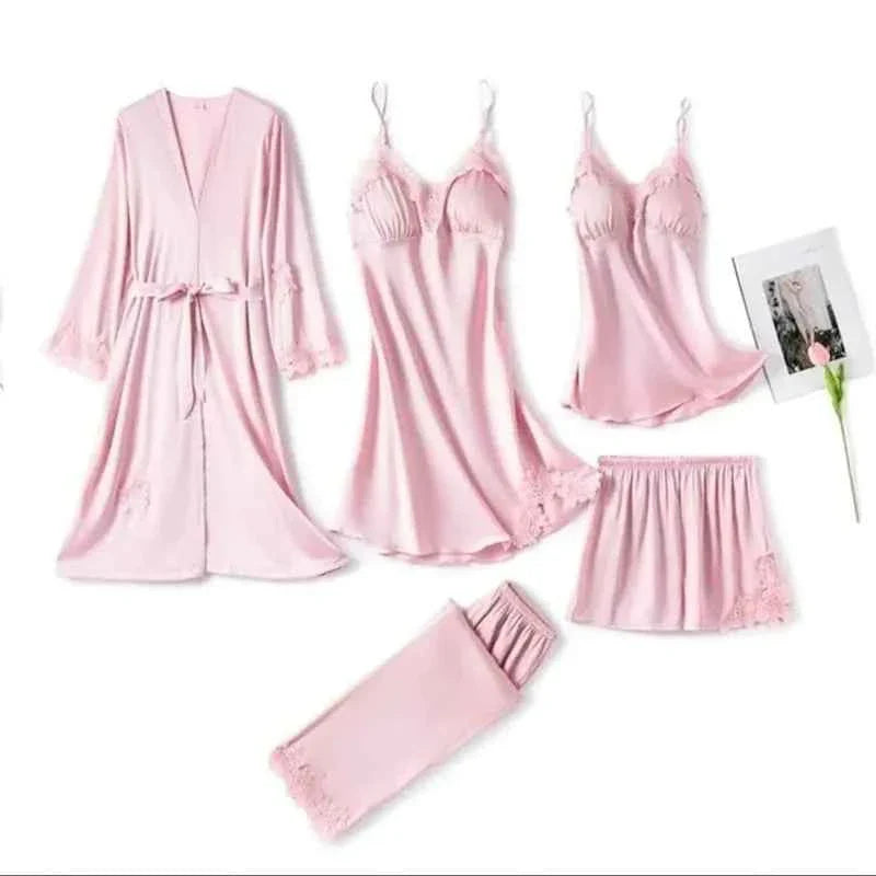 5Pcs Imported Nighty | High Quality Silk Night Wear | Honeymoon Bridal Set Pack of 5Pcs