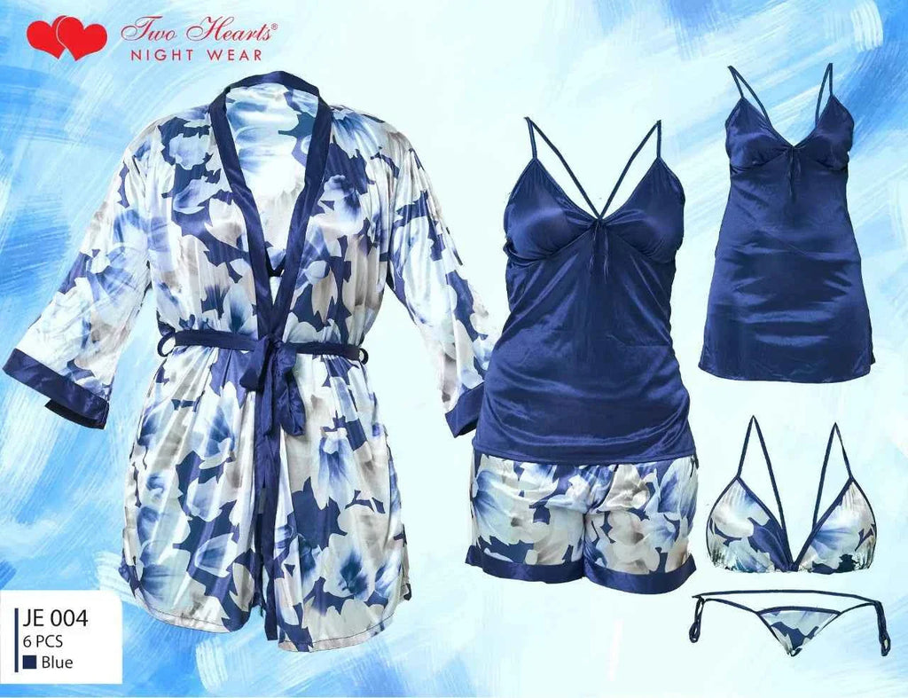 Two Hearts 6Pcs Silk Nightwear & Lingerie For Girls & Women - Blue