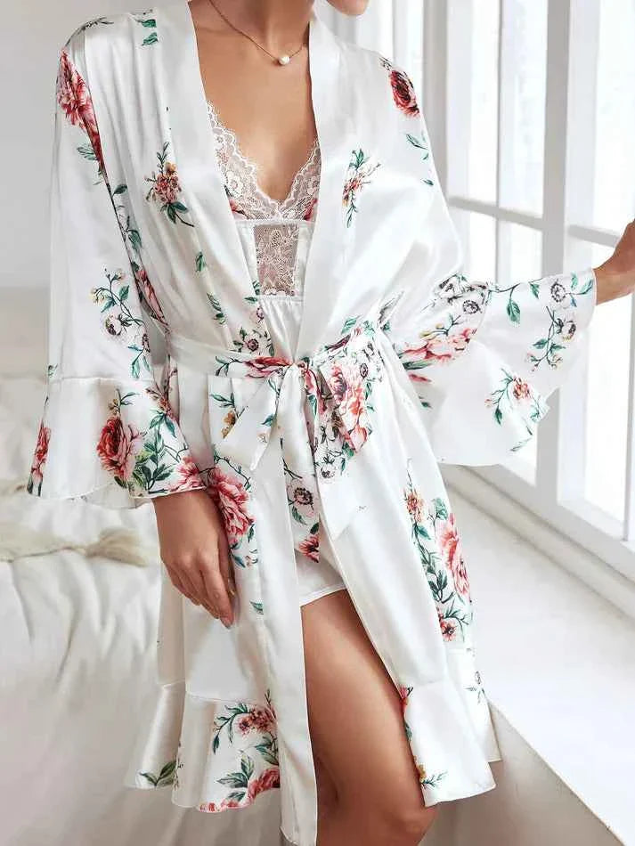 2Pcs Imported  Floral Nightwear Set with Belted Robe-7078