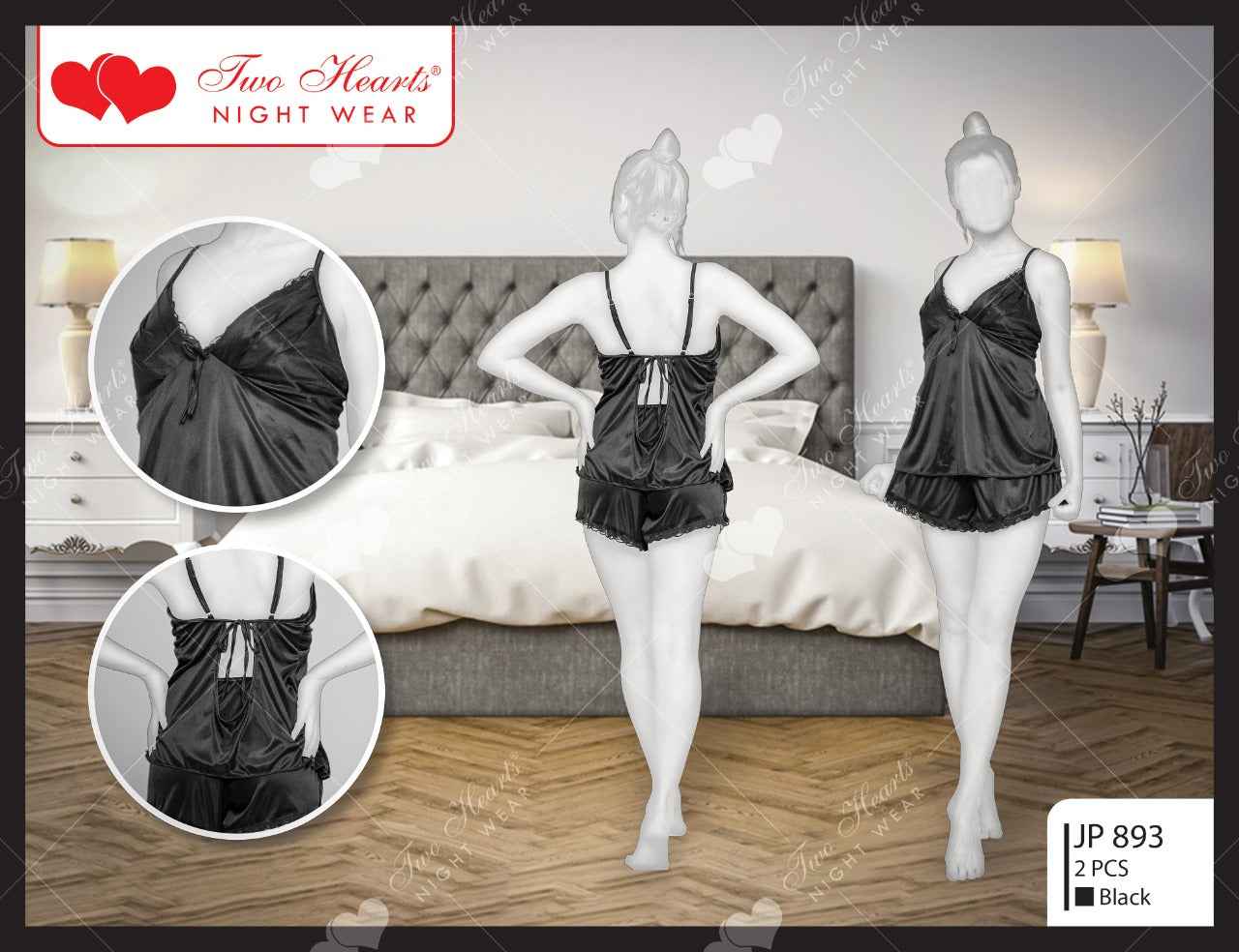 Two Hearts 2Pcs Silk Nightwear & Lingerie For Girls & Women - camisole