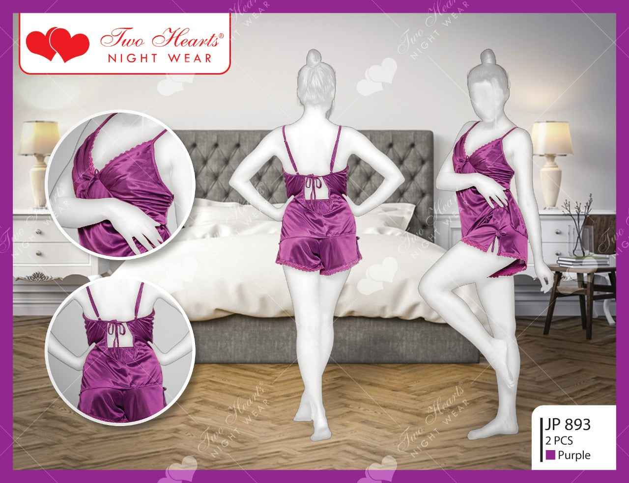 Two Hearts 2Pcs Silk Nightwear & Lingerie For Girls & Women - camisole
