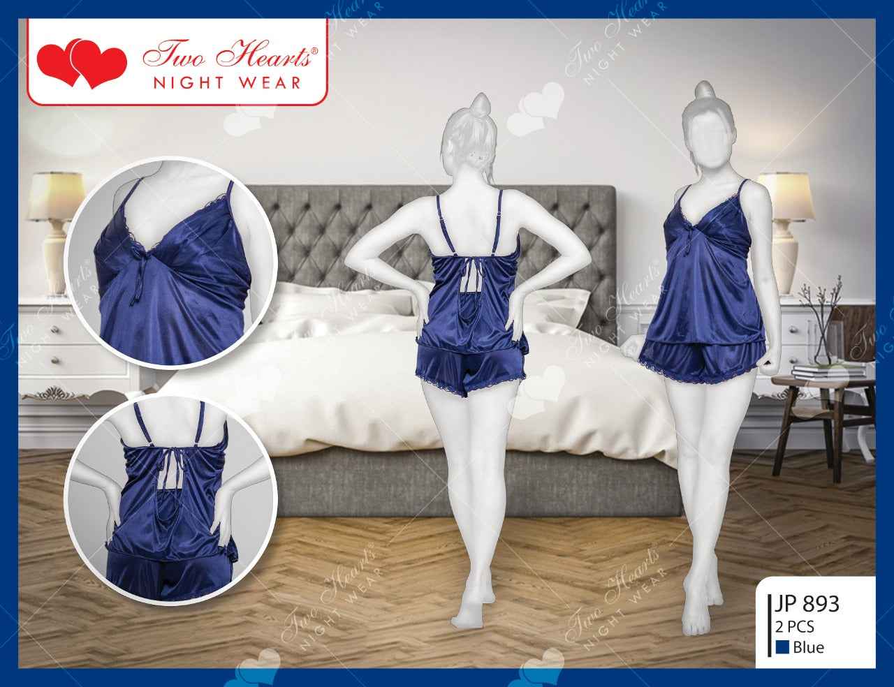 Two Hearts 2Pcs Silk Nightwear & Lingerie For Girls & Women - camisole