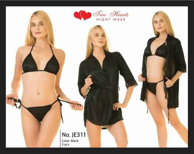 Two Hearts 3Pcs Imported Bridal Silk Nightwear & Lingerie with Short Gown for Women & Girls
