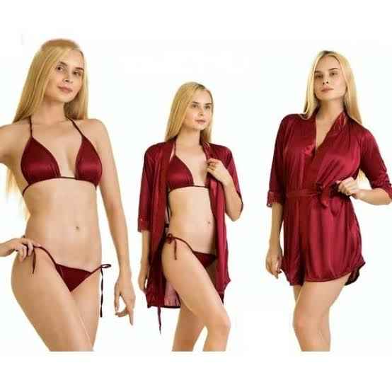 Two Hearts 3Pcs Imported Bridal Silk Nightwear & Lingerie with Short Gown for Women & Girls