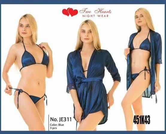 Two Hearts 3Pcs Imported Bridal Silk Nightwear & Lingerie with Short Gown for Women & Girls
