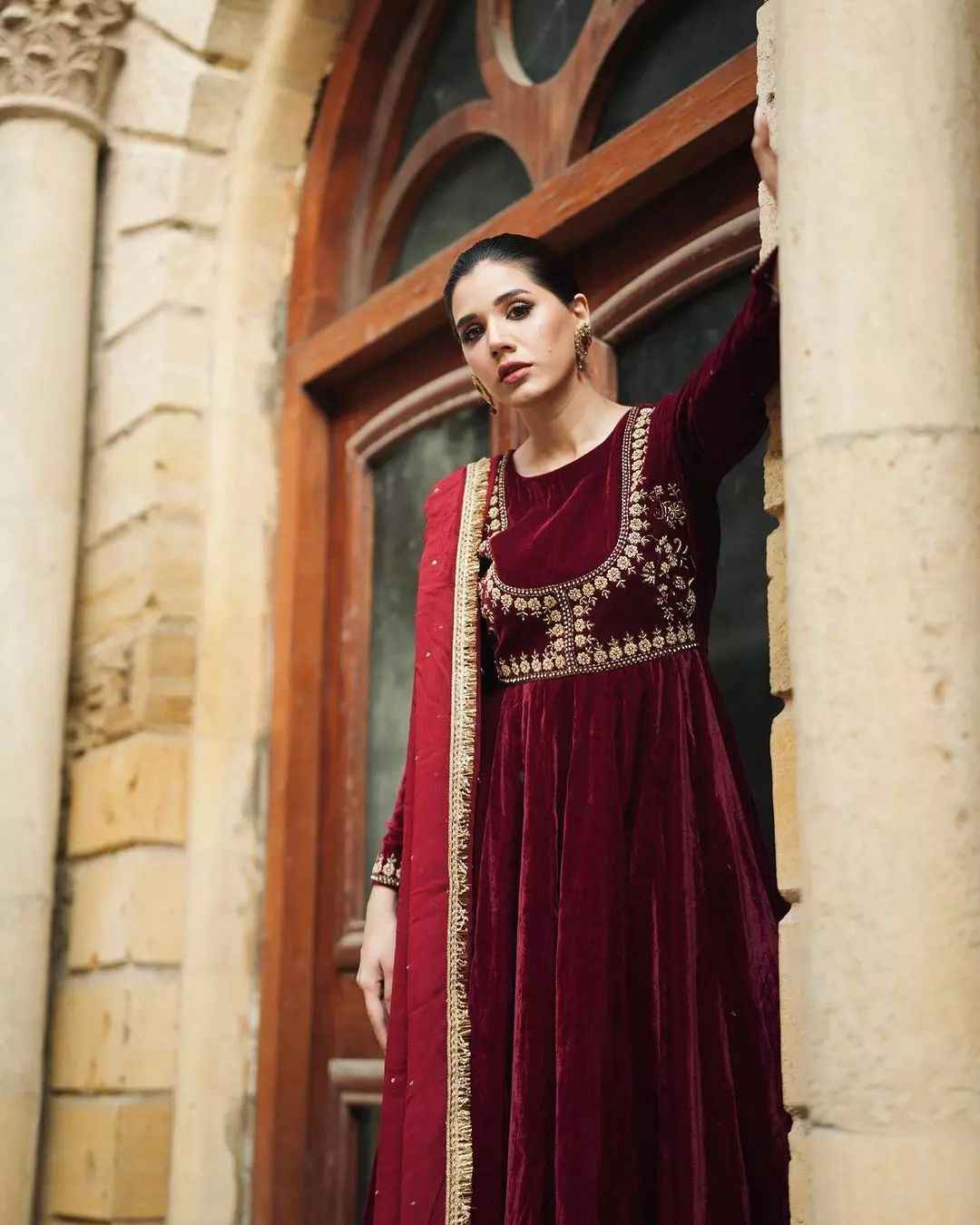 Velvet Embroided Maxi With Lace Dupatta And Trouser