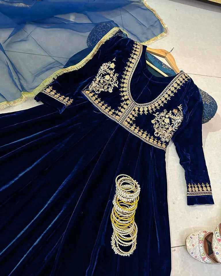 Velvet Embroided Maxi With Lace Dupatta And Trouser