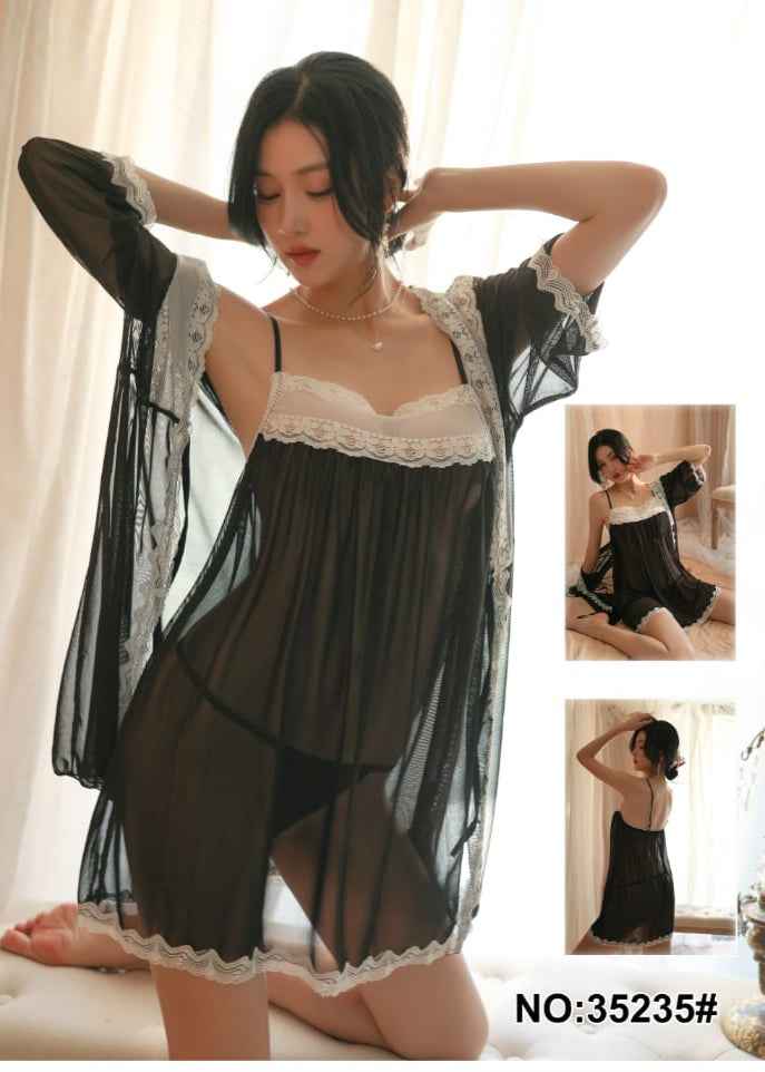 Elegant Lace Trim Sheer Nightdress Set with Robe – Style 35235