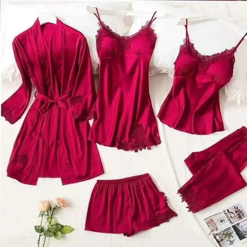 5Pcs Imported Nighty | High Quality Silk Night Wear | Honeymoon Bridal Set Pack of 5Pcs