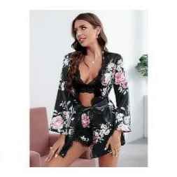 3-Piece Floral Satin Lace Lingerie Set – Robe, Bralette & Shorts | Spring Collection | A-B#7020
