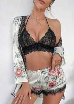 3-Piece Floral Satin Lace Lingerie Set – Robe, Bralette & Shorts | Spring Collection | A-B#7020