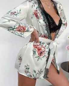 3-Piece Floral Satin Lace Lingerie Set – Robe, Bralette & Shorts | Spring Collection | A-B#7020