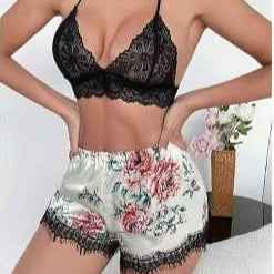 3-Piece Floral Satin Lace Lingerie Set – Robe, Bralette & Shorts | Spring Collection | A-B#7020