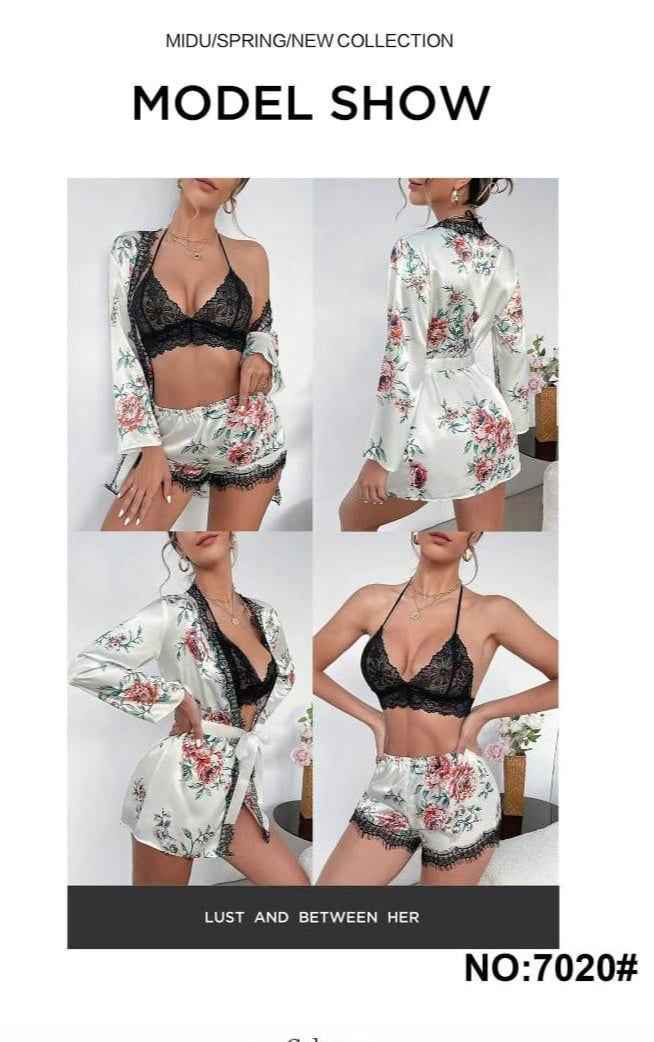 3-Piece Floral Satin Lace Lingerie Set – Robe, Bralette & Shorts | Spring Collection | A-B#7020