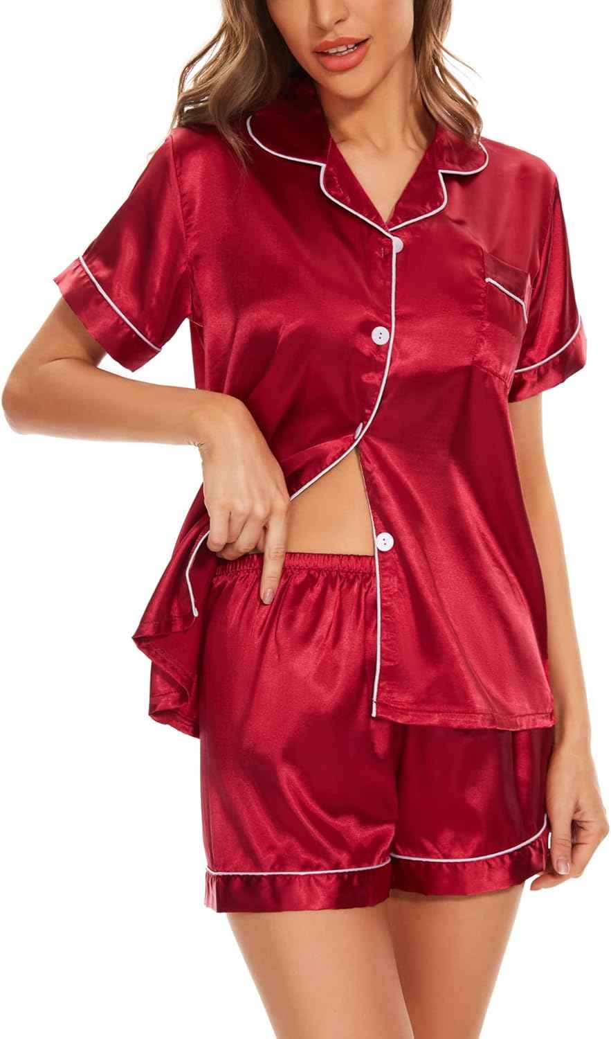 Women's Button Down Short Sleeve Pj Silk Tops and Shorts 2-Piece Loungewear