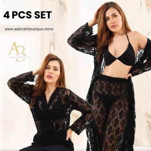 4Pcs Premium Transparent Net See Through Bridal Nighty Set