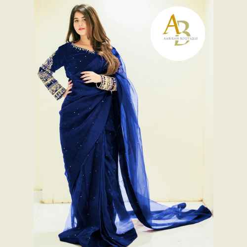 Multi Sleeves Embroidered Pearls Pleated Chiffon Saree